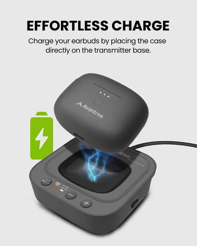 Alt view image 6 of 7 - Aura Focus Auracast Wireless TV Earbuds with Transmitter | Work with Auracast Hearing Aids, Dual Mode for TV & Phone Calls, Charging Dock, Volume Boost for Seniors & Hard of Hearing