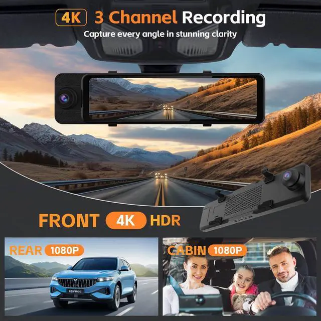 Alt view image 2 of 7 - 3 Channel Rear View Mirror Camera, 4K+1080P+1080P Front Inside and Rear | 12" Touch Screen Car Camera, Backup Camera with 5GHz WiFi GPS, 24H Parking Mode, HDR Night Vision, G Sensor, Free 64G Card