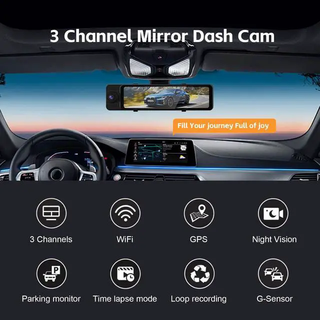 Alt view image 4 of 7 - 3 Channel Rear View Mirror Camera, 4K+1080P+1080P Front Inside and Rear | 12" Touch Screen Car Camera, Backup Camera with 5GHz WiFi GPS, 24H Parking Mode, HDR Night Vision, G Sensor, Free 64G Card
