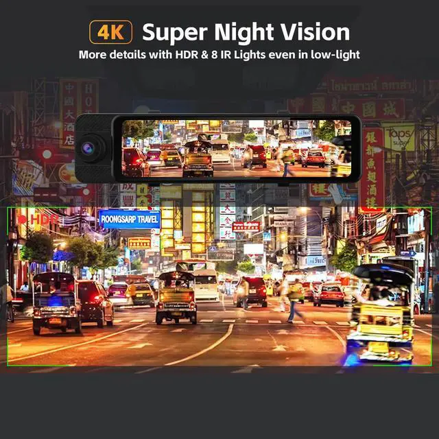 Alt view image 5 of 7 - 3 Channel Rear View Mirror Camera, 4K+1080P+1080P Front Inside and Rear | 12" Touch Screen Car Camera, Backup Camera with 5GHz WiFi GPS, 24H Parking Mode, HDR Night Vision, G Sensor, Free 64G Card