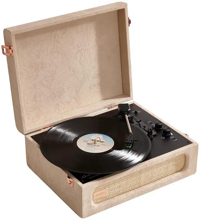 Main image of Coryphaeus Vinyl Record Player 3-Speed Bluetooth Input and Output Built-in Speakers with Magnetic Cartridge Auto Off (Flora Engraved)