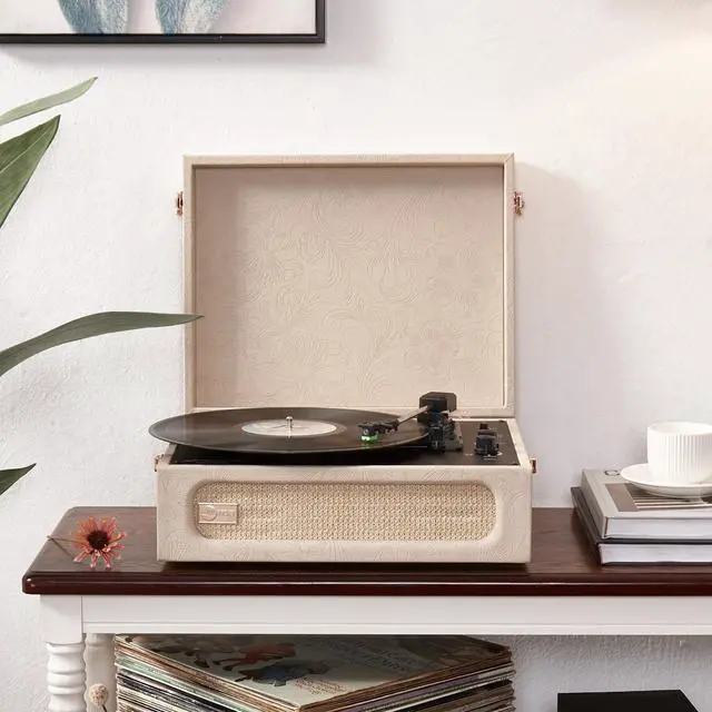 Alt view image 3 of 7 - Coryphaeus Vinyl Record Player 3-Speed Bluetooth Input and Output Built-in Speakers with Magnetic Cartridge Auto Off (Flora Engraved)