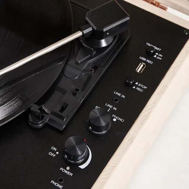Alt view image 7 of 7 - Coryphaeus Vinyl Record Player 3-Speed Bluetooth Input and Output Built-in Speakers with Magnetic Cartridge Auto Off (Flora Engraved)