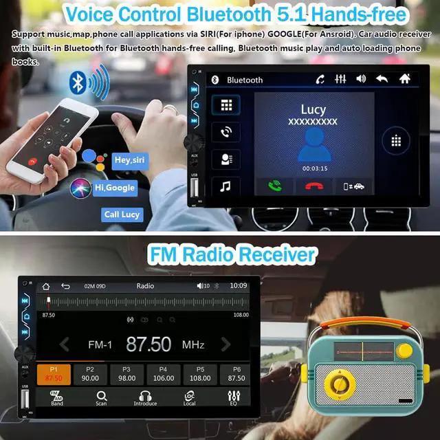 Alt view image 2 of 6 - Double Din Car Stereo with Wireless Carplay,Wireless Android Auto,7 inch Touch Screen Radio with Backup Camera,Bluetooth Car Audio Receiver,Mirror Link,SWC,FM/USB/AUX/Subwoofer