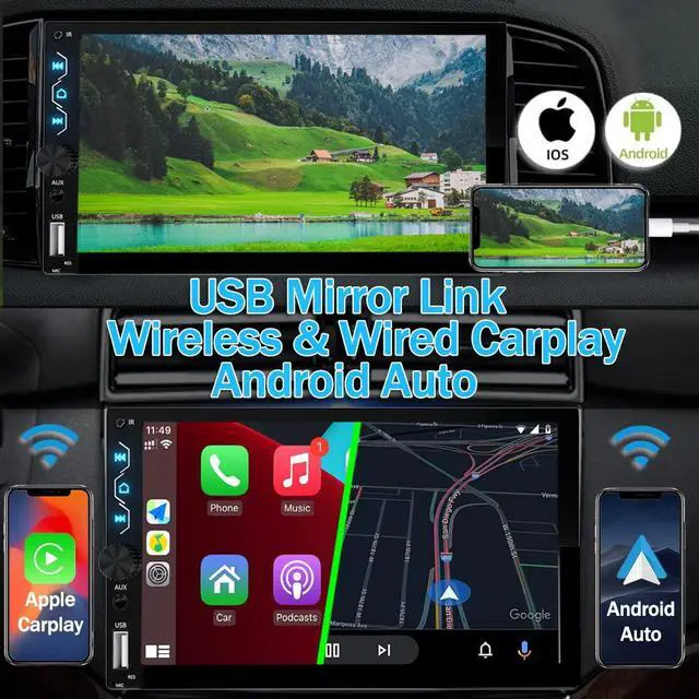Alt view image 3 of 6 - Double Din Car Stereo with Wireless Carplay,Wireless Android Auto,7 inch Touch Screen Radio with Backup Camera,Bluetooth Car Audio Receiver,Mirror Link,SWC,FM/USB/AUX/Subwoofer
