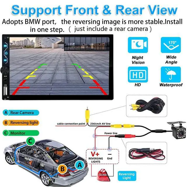 Alt view image 5 of 6 - Double Din Car Stereo with Wireless Carplay,Wireless Android Auto,7 inch Touch Screen Radio with Backup Camera,Bluetooth Car Audio Receiver,Mirror Link,SWC,FM/USB/AUX/Subwoofer