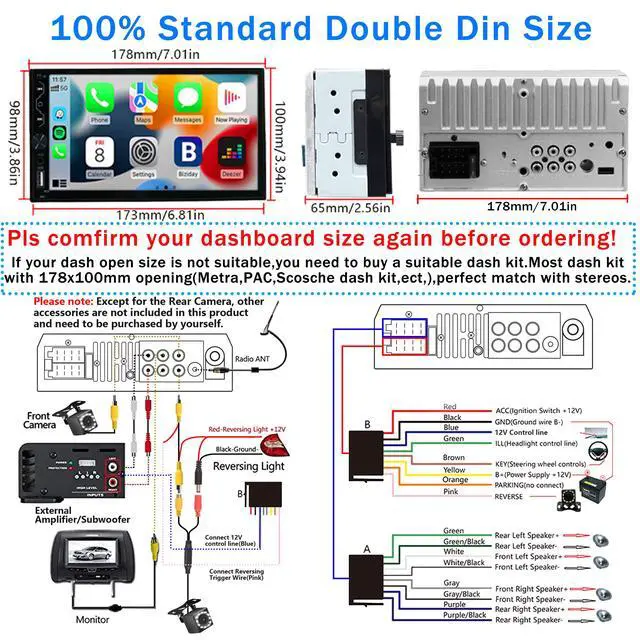 Alt view image 6 of 6 - Double Din Car Stereo with Wireless Carplay,Wireless Android Auto,7 inch Touch Screen Radio with Backup Camera,Bluetooth Car Audio Receiver,Mirror Link,SWC,FM/USB/AUX/Subwoofer