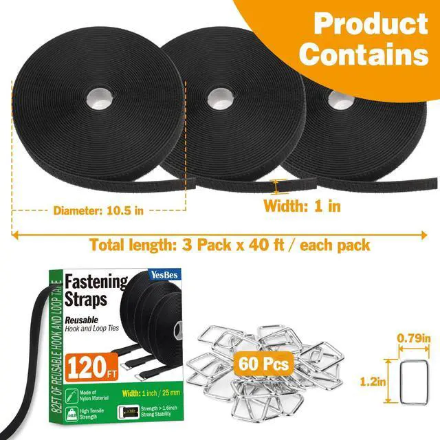 Alt view image 2 of 6 - 1" x120ft Hook and Loop Straps with 60 Metal Buckles, Adjustable Fastening Cinch Straps, Cut to Length Cable Straps, Reusable Nylon Straps 1 Inch Wide for Organizer or Storage, Black