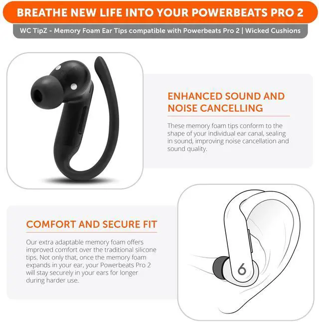 Alt view image 3 of 7 - TipZ Powerbeats Pro 2 Memory Foam Ear Tips Compatible with Beats Powerbeats Pro 2 by Wicked Cushions | Enhanced Comfort, Secure Fit & Noise Isolation | Black