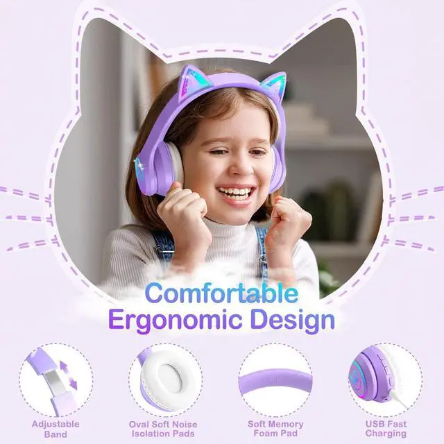 Alt view image 2 of 7 - Bluetooth 5.4 Kids Headphones with Case - RGB LED Light Up Cat Ears Foldable Adjustable Over Ear Headphone Support Wireless or 3.5mm Wired Mode for Toddler & Girls & Boys Teens