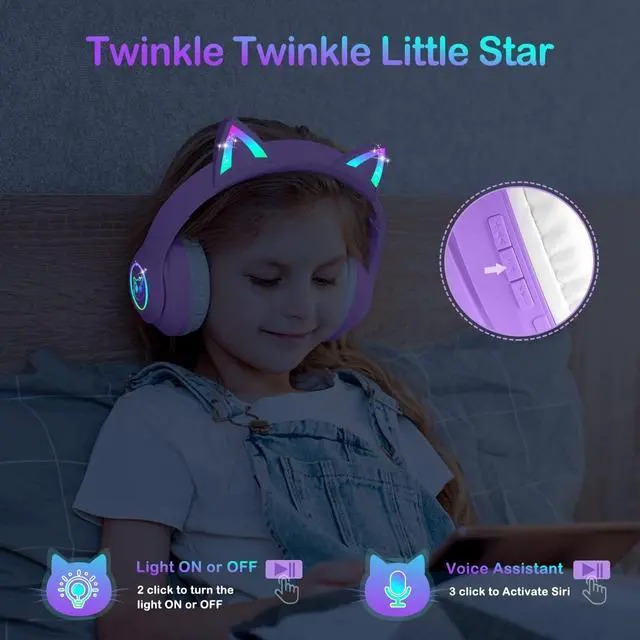 Alt view image 4 of 7 - Bluetooth 5.4 Kids Headphones with Case - RGB LED Light Up Cat Ears Foldable Adjustable Over Ear Headphone Support Wireless or 3.5mm Wired Mode for Toddler & Girls & Boys Teens