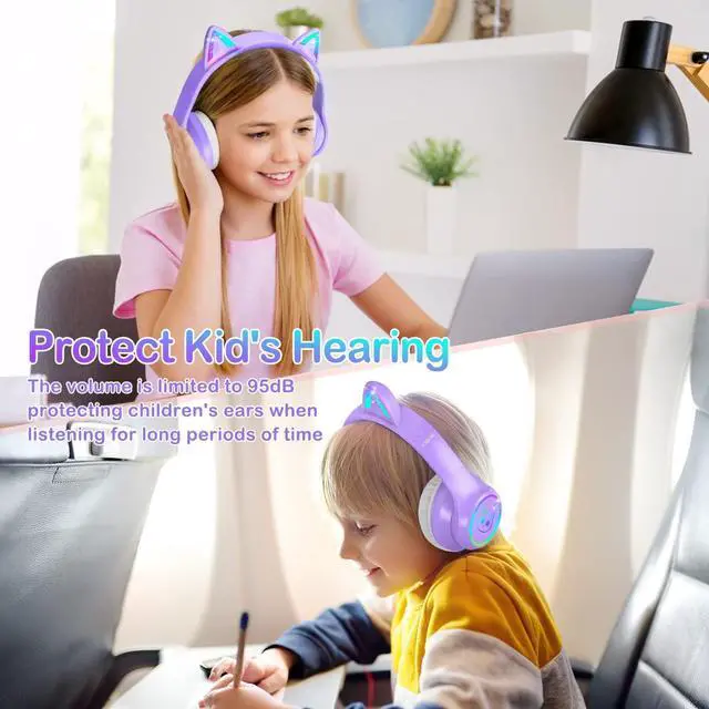 Alt view image 5 of 7 - Bluetooth 5.4 Kids Headphones with Case - RGB LED Light Up Cat Ears Foldable Adjustable Over Ear Headphone Support Wireless or 3.5mm Wired Mode for Toddler & Girls & Boys Teens
