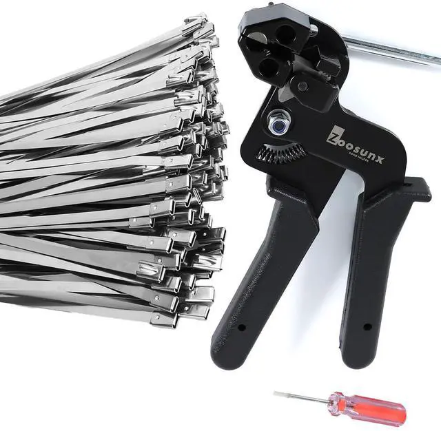 Main image of Metal Zip Tie Tool Kit: Heavy-Duty Stainless Steel Cable Tie Tensioner with 100PCS 11.8-Inch Self-Locking Metal Zip Ties for Fencing, Exhaust, Pipes & Industrial Repairs(100PCS+TOOL, SILVER)