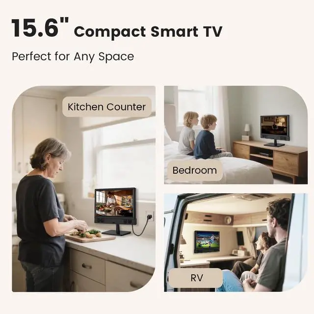 Alt view image 4 of 7 - 15.6 Inch Small Smart TV, FHD 1080p Compact Smart TV with Built-in Apps, WiFi & Bluetooth, ATSC Digital Tuner, HDMI/USB/AV Inputs, 110220V AC Power TV for Kitchen, Bedroom, RV, Camper, Truck