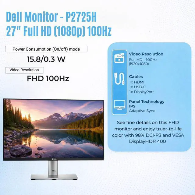 Alt view image 3 of 7 - Dell Pro P2725H Plus 27" FHD Monitor with HDMI, DisplayPort & USB Cables | Anti-Glare IPS 27" FHD Monitor, Tilt/Swivel/Pivot/Height Adjustable, ComfortView Plus, Flicker-Free, 4-Port USB Hub Included