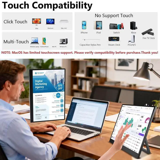 Alt view image 4 of 7 - 15.3 Inch Touchscreen Portable Monitor, 1920×1200 Full HD IPS 10-Point Touch External Monitor, Ultra Slim USB-C HDMI Plug & Play, Portable Monitor for Laptop PC Mac PS5 Xbox