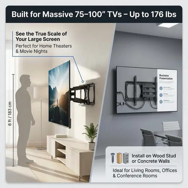 Alt view image 3 of 7 - Heavy Duty Full Motion TV Wall Mount for 60-100" TVs, | 176lb Capacity, 15° Tilt, 45° Swivel, 24" Extension, Max VESA 900x600mm, Flat or Curved, Wood or Concrete, Hardware Included