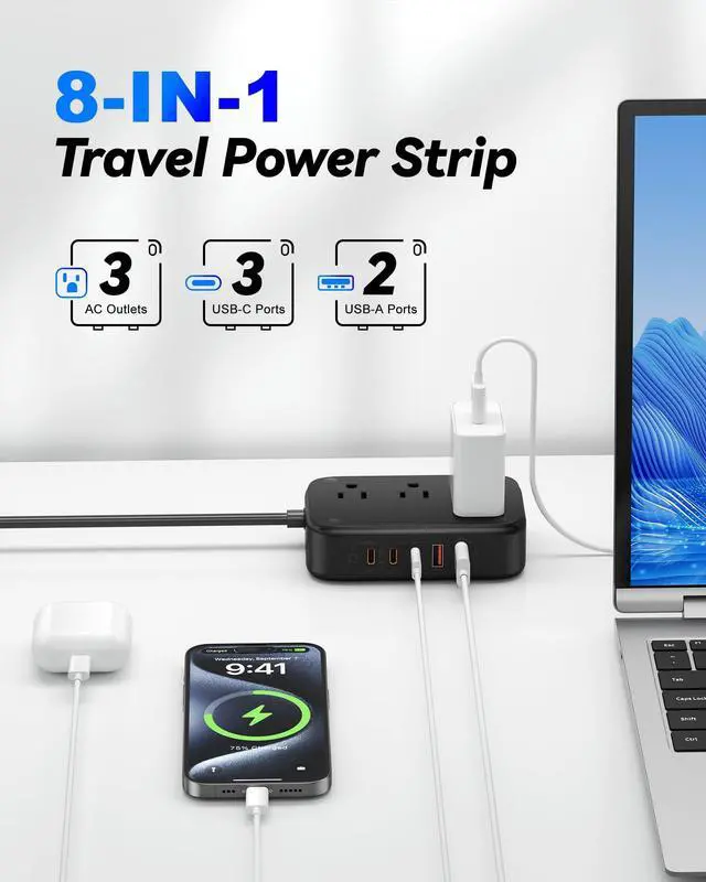 Alt view image 2 of 7 - Travel Power Strip PD20W - 3AC & 5USB(3 USB C), 5FT Extension Cord | 8-in-1 Power Strip with USB C Port for Home, Portable Compact Charging Station for Travel, Cruise Ship Approved, Easy Carry