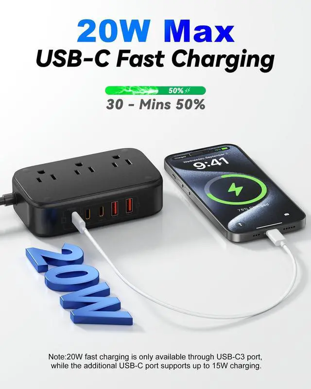 Alt view image 3 of 7 - Travel Power Strip PD20W - 3AC & 5USB(3 USB C), 5FT Extension Cord | 8-in-1 Power Strip with USB C Port for Home, Portable Compact Charging Station for Travel, Cruise Ship Approved, Easy Carry