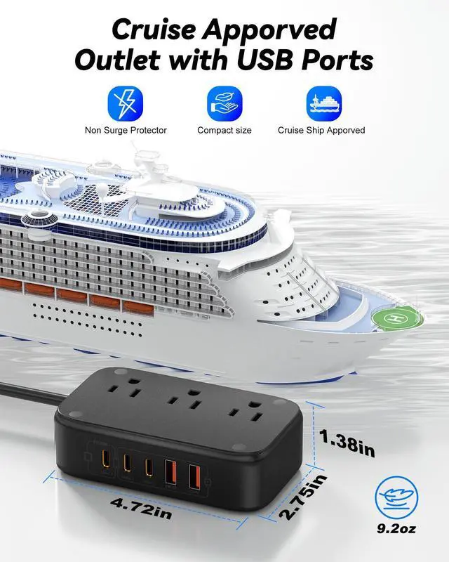 Alt view image 4 of 7 - Travel Power Strip PD20W - 3AC & 5USB(3 USB C), 5FT Extension Cord | 8-in-1 Power Strip with USB C Port for Home, Portable Compact Charging Station for Travel, Cruise Ship Approved, Easy Carry