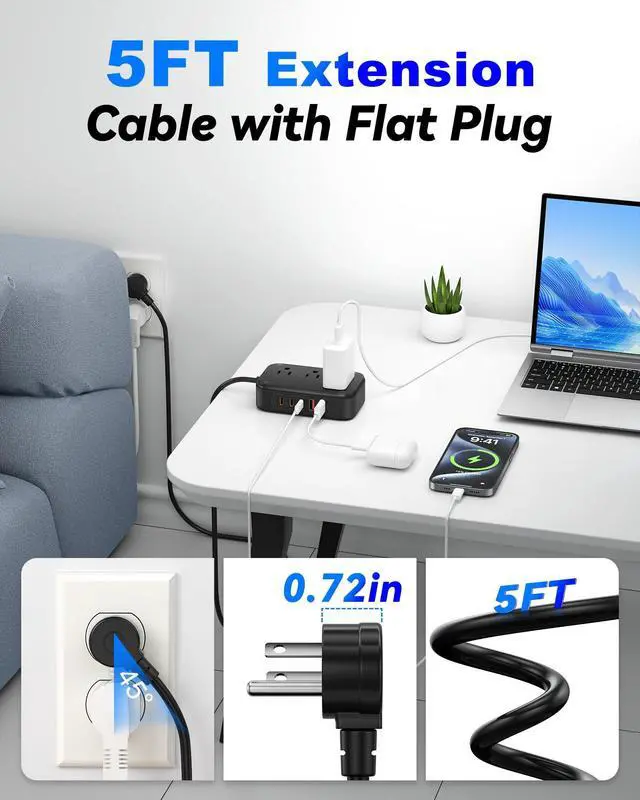 Alt view image 5 of 7 - Travel Power Strip PD20W - 3AC & 5USB(3 USB C), 5FT Extension Cord | 8-in-1 Power Strip with USB C Port for Home, Portable Compact Charging Station for Travel, Cruise Ship Approved, Easy Carry