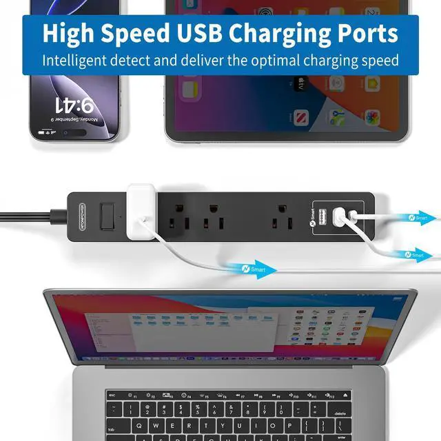 Alt view image 6 of 7 - Flat Extension Cord 15 Ft, Ultra Thin Flat Extension Cord Under Carpet, Rug, Door, Wall Mount Power Strip Flat Plug with 4 Outlets 3 USB(1 USB-C), Overload Protection for Home Office, Black