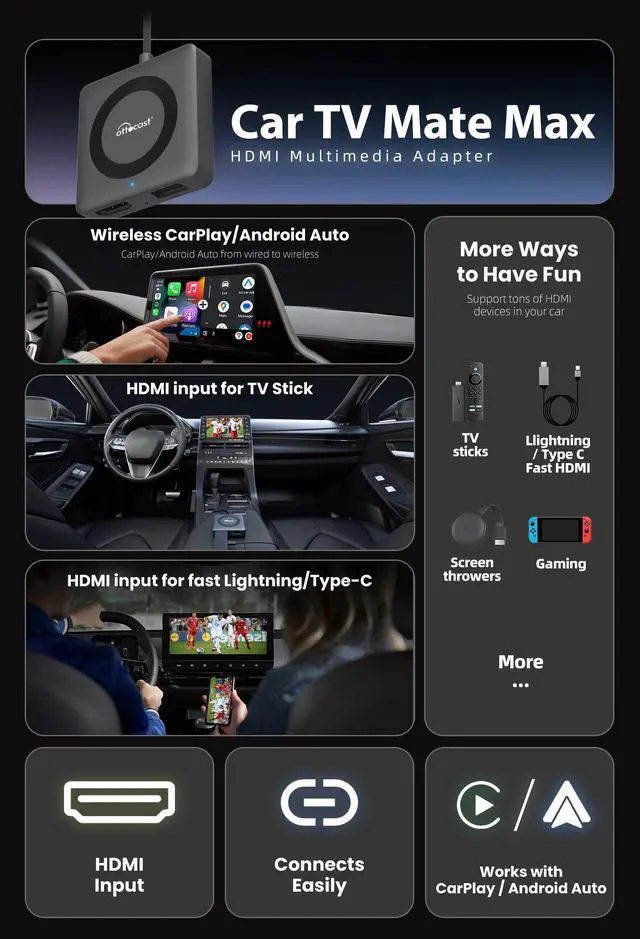 Alt view image 3 of 5 - 4-in-1 Car TV Mate Max & Wireless Carplay/Android Auto Adapter | HDMI Car Adapter,iPhone & Android,Watching Movies on CarScreen,For Wired CarPlay Only