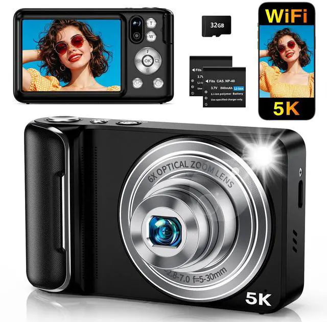 Main image of 5K Digital Camera for Photography WiFi 64MP Autofocus Dual Lens, Black | 6X Optical Zoom Vlogging Camera with 2.8" Touch Screen, Compact Digital Cameras for YouTube, 32GB Card,2Batteries