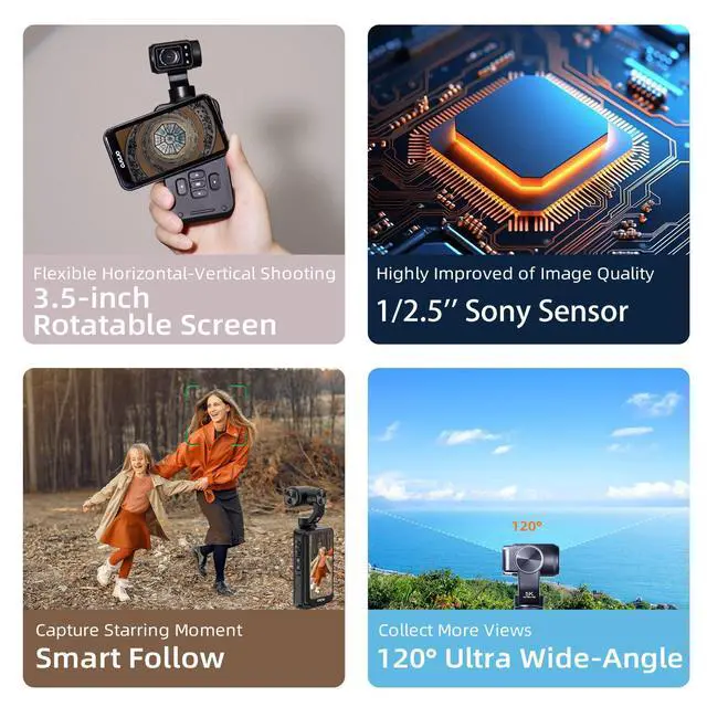 Alt view image 2 of 6 - M5 5K Camcorder, 3-Axis Gimbal Stabilization Pocket Camera | 180° Rotating Lens | Face Tracking & IR Night Vision | 3.5'' Rotating Touch Screen | Vlogging Camera with 64G Card