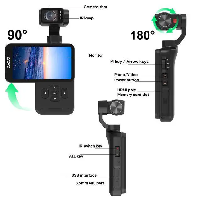 Alt view image 4 of 6 - M5 5K Camcorder, 3-Axis Gimbal Stabilization Pocket Camera | 180° Rotating Lens | Face Tracking & IR Night Vision | 3.5'' Rotating Touch Screen | Vlogging Camera with 64G Card