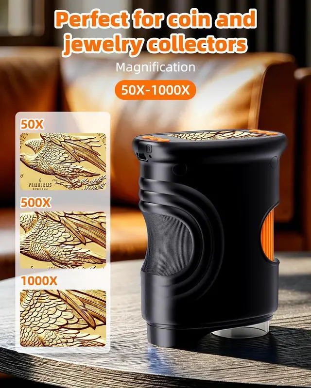 Alt view image 2 of 7 - 1000X Coin Microscope with Lights, Digital Handheld Coin Magnifier with 8 Adjustable LED Light, Portable Rechargeable Pocket Microscope Compatible with Windows/Mac, Black