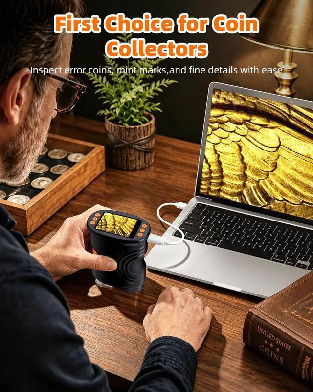 Alt view image 3 of 7 - 1000X Coin Microscope with Lights, Digital Handheld Coin Magnifier with 8 Adjustable LED Light, Portable Rechargeable Pocket Microscope Compatible with Windows/Mac, Black