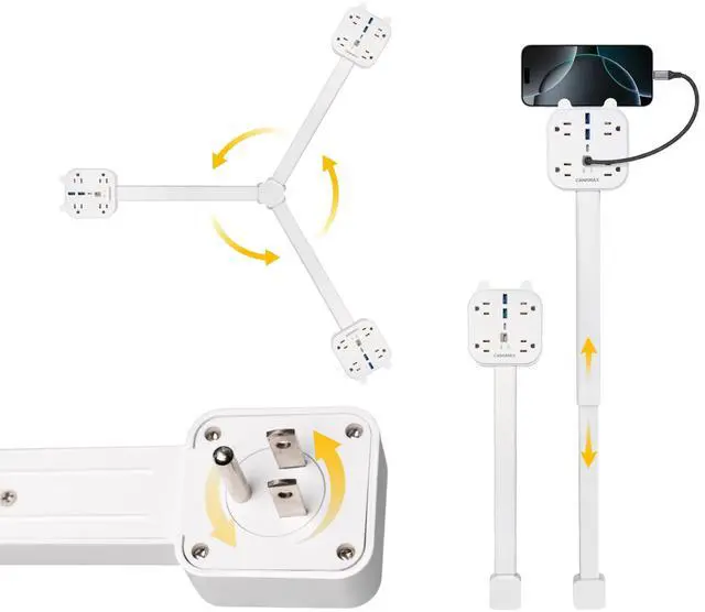 Main image of Outlet Extender Stick, 360° Rotating Wall Plug with 4 AC Outlets, USB-C PD 20W Fast Charging, 2 USB-A & 2 USB-C Ports, 18"-27" Adjustable Electrical Power Strip for Hard-to-Reach Outlets