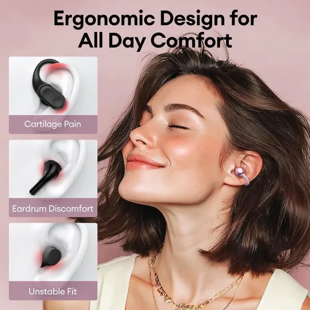 Alt view image 2 of 7 - Clip On Open Ear Earbuds Wireless Bluetooth 5.4, Clip On Earbuds with LCD Touchscreen, Lightweight Comfort Open Ear Headphones for Sports, Fitness, and Workouts, Rose Gold M100