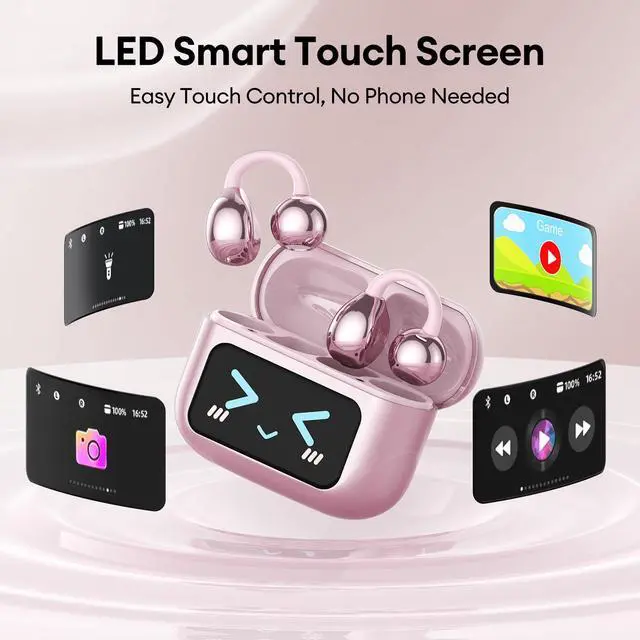 Alt view image 4 of 7 - Clip On Open Ear Earbuds Wireless Bluetooth 5.4, Clip On Earbuds with LCD Touchscreen, Lightweight Comfort Open Ear Headphones for Sports, Fitness, and Workouts, Rose Gold M100