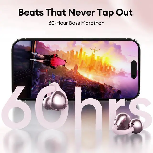 Alt view image 7 of 7 - Clip On Open Ear Earbuds Wireless Bluetooth 5.4, Clip On Earbuds with LCD Touchscreen, Lightweight Comfort Open Ear Headphones for Sports, Fitness, and Workouts, Rose Gold M100