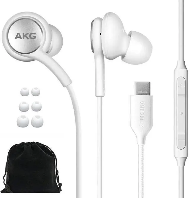 Main image of AKG Earbuds Original USB Type C in-Ear Earbud Headphones with Remote & Mic for Galaxy S23 Ultra, A53 5G, S22, S21 FE, S20, Note 10, 10+, S10 Plus - Braided - Includes Velvet Pouch - White