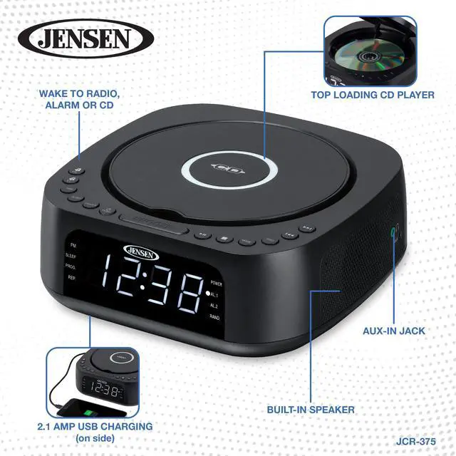 Alt view image 4 of 5 - JCR-375 Stereo Digital Dual-Alarm Clock with Top-Loading CD Player, FM Tuner, USB Charging Port, and Battery Backup