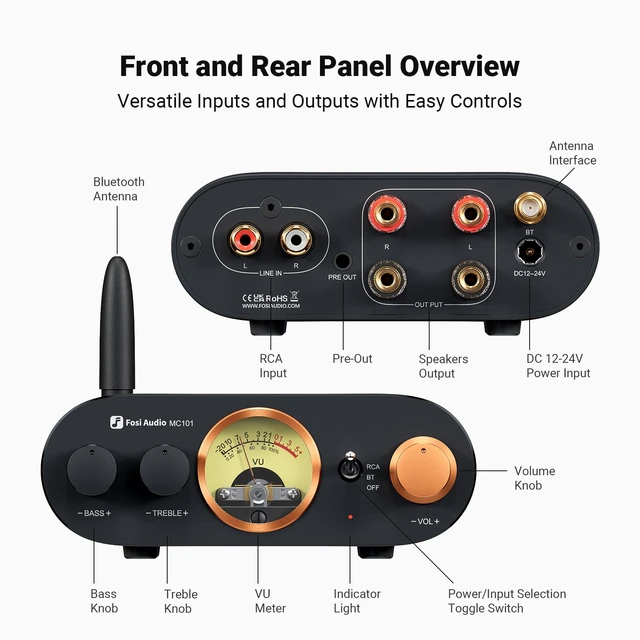 Alt view image 2 of 7 - MC101 Bluetooth Stereo Amplifier Home Audio Component Mini Amp with VU Meter 2 Channel HiFi Receiver for Passive Speakers with Bass Treble Tone Control Vintage All Aluminum Alloy Build
