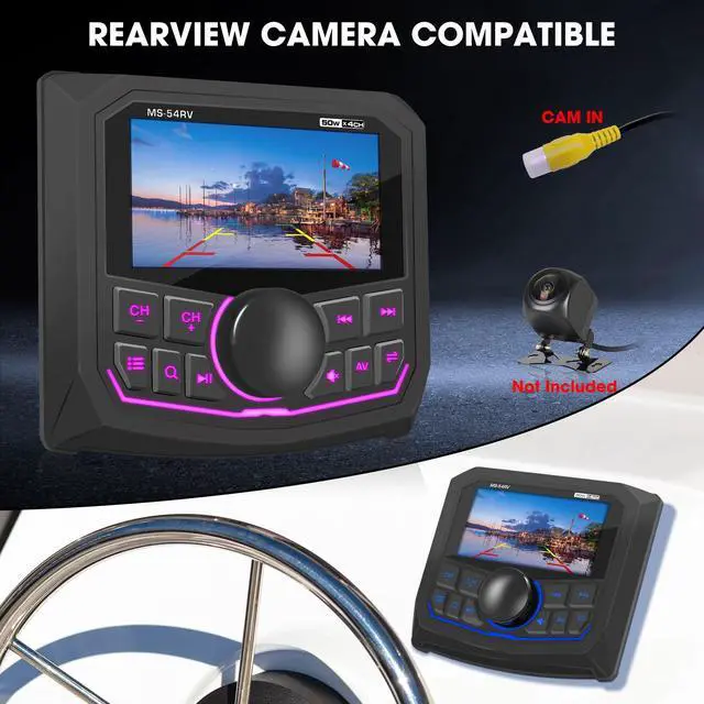 Alt view image 5 of 7 - Waterproof Marine Bluetooth Radio for Boat - Marine Gauge Stereo Receiver | 3 Inch LCD Display Backup Camera Input USB AUX 4 Zones Subwoofer Pre-Amp AM FM Radio for ATVs UTVs SXS