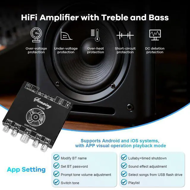 Alt view image 3 of 7 - YS-S350H TPA3251 2.1 Channel Bluetooth Amplifier 220W×2 + 350W Subwoofer Audio Receiver Class D Amp Board with Bass Treble Control for Home Theater DIY Speakers