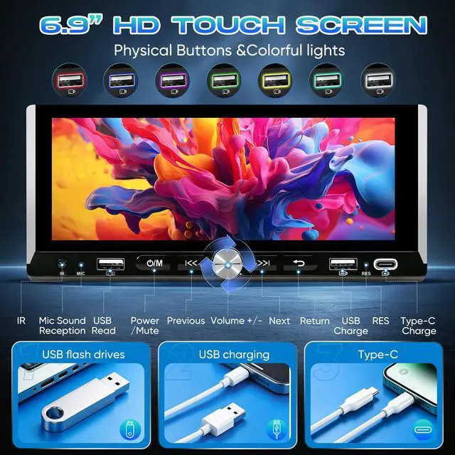 Alt view image 2 of 7 - 6.9" Single Din Radio Support Wireless Apple Carplay & Android Auto | Touchscreen Car Stereo with Bluetooth,1080P Backup Camera,Mirror Link FM EQ SWC Navigation USB Type-C Fast Charging