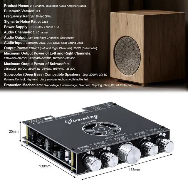 Alt view image 6 of 7 - YS-S350H TPA3251 2.1 Channel Bluetooth Amplifier 220W×2 + 350W Subwoofer Audio Receiver Class D Amp Board with Bass Treble Control for Home Theater DIY Speakers