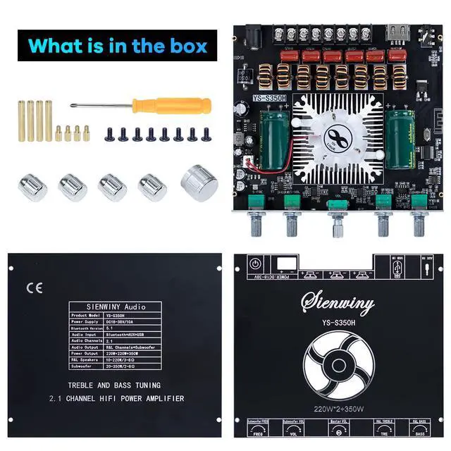 Alt view image 7 of 7 - YS-S350H TPA3251 2.1 Channel Bluetooth Amplifier 220W×2 + 350W Subwoofer Audio Receiver Class D Amp Board with Bass Treble Control for Home Theater DIY Speakers