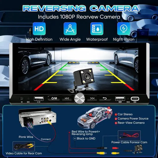 Alt view image 6 of 7 - 6.9" Single Din Radio Support Wireless Apple Carplay & Android Auto | Touchscreen Car Stereo with Bluetooth,1080P Backup Camera,Mirror Link FM EQ SWC Navigation USB Type-C Fast Charging