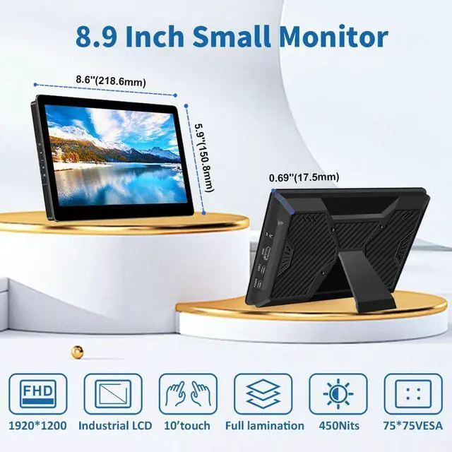 Alt view image 2 of 7 - 8.9 inch Touch Monitor with Stand| 1920 * 1200 |16:10|450Nits|Optical Bonding| HDMI/USB-C Port|Small Monitor for Mini PC Laptop Mac mini