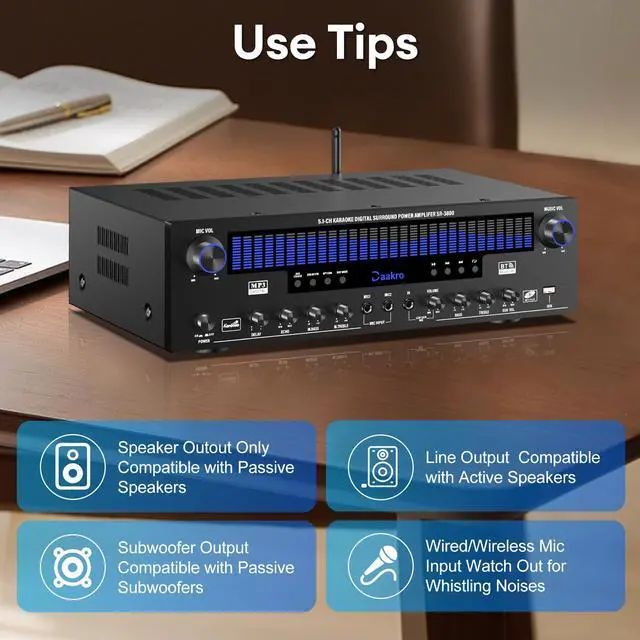 Alt view image 7 of 7 - Stereo Receivers Home Audio Amplifier w/DSP Display,300W Rated Power 5.1 Channel Bluetooth Receiver,Home Amp w/BT/CD/DVD/AUX/USB/BT/FM/Opt/COA/MIC for Home/Studio/Theater Passive Speaker