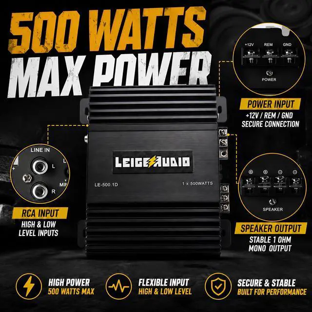 Alt view image 5 of 7 - 500 Watts MonoBlock Amplifier, Class D, 1 Ohm Stable Subwoofer Amplifiers for Car Audio Speakers