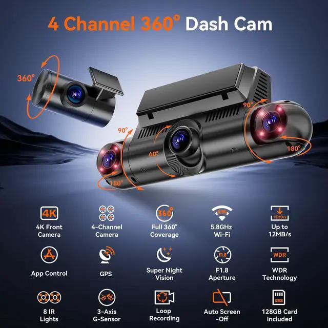 Alt view image 6 of 7 - 4K 360° Dash Cam, 4-Channel Dash Camera Front Rear Left Right with GPS | 128GB Card Included, Built-in 5.8GHz Wi-Fi & App, 8 IR Night Vision, G-Sensor, 24H Parking Mode(Supports 256GB Max)