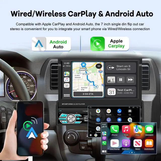 Alt view image 2 of 7 - Single Din Flip Out Screen Car Stereo with Wireless Carplay Android Auto | 7 inch 1 Din Touch Screen Radio Support Bluetooth/SWC/USB/FM + Backup Camera + Mic + Remote Control